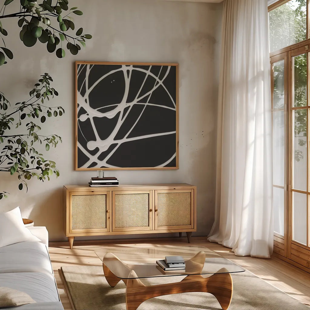 Tumbling Down III by Moira Hershey. Shown in a natural wood frame in a cozy modern living room. Available as an archival giclee rolled canvas, fine art paper, or poster print. SKU 68504a.