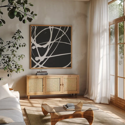 Tumbling Down III by Moira Hershey. Shown in a natural wood frame in a cozy modern living room. Available as an archival giclee rolled canvas, fine art paper, or poster print. SKU 68504a.