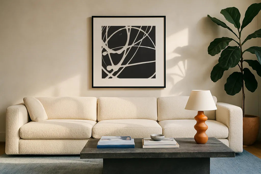 Tumbling Down III by Moira Hershey. Displayed in a glass frame with matte in a clean modern living room. Available as an archival giclee rolled canvas, fine art paper, or poster print. SKU 68504a.