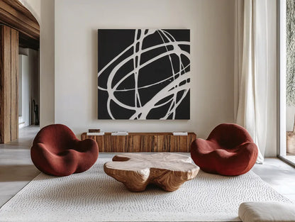 Tumbling Down IV by Moira Hershey. Shown as extra-large giant wall art in a modern living room. Available as an archival giclee rolled canvas, fine art paper, or poster print. SKU 68505a.