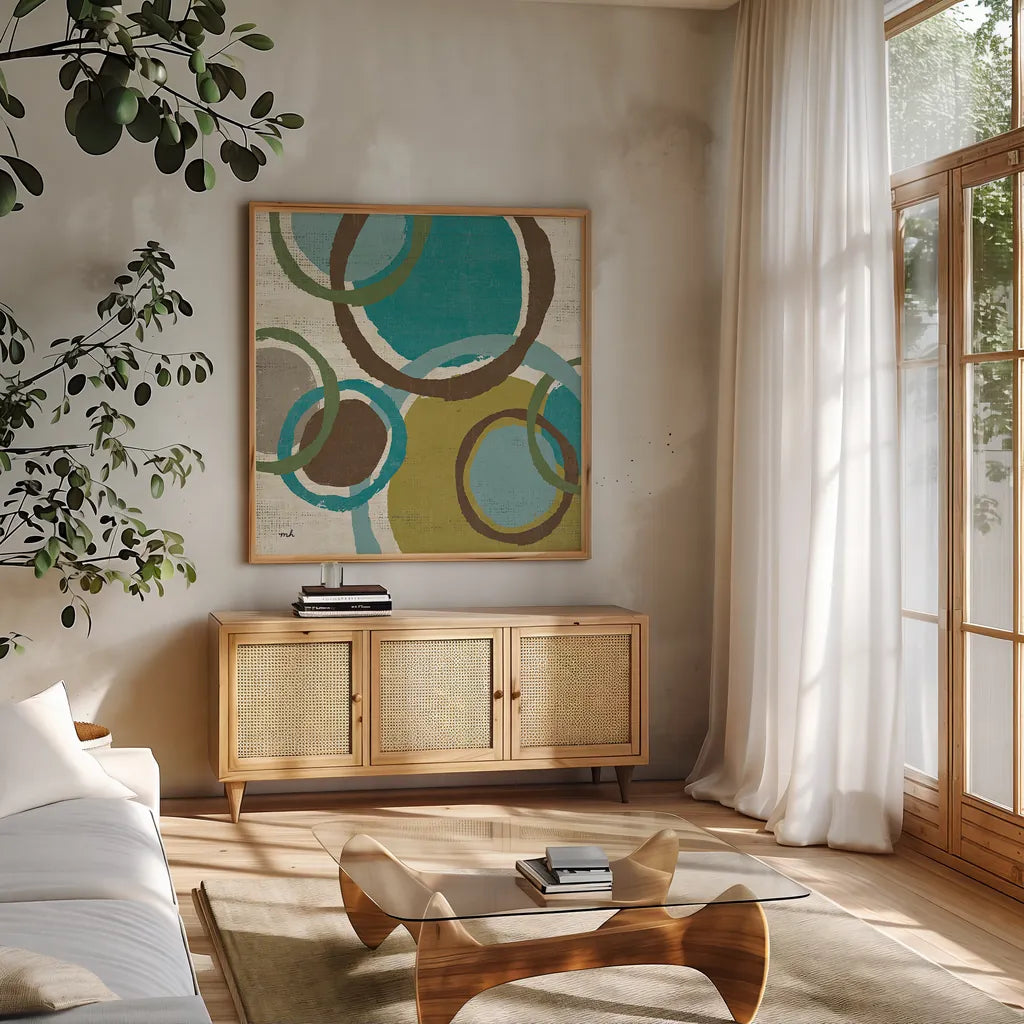 Vintage Bubbles I by Moira Hershey. Shown in a natural wood frame in a cozy modern living room. Available as an archival giclee rolled canvas, fine art paper, or poster print. SKU 10283a.