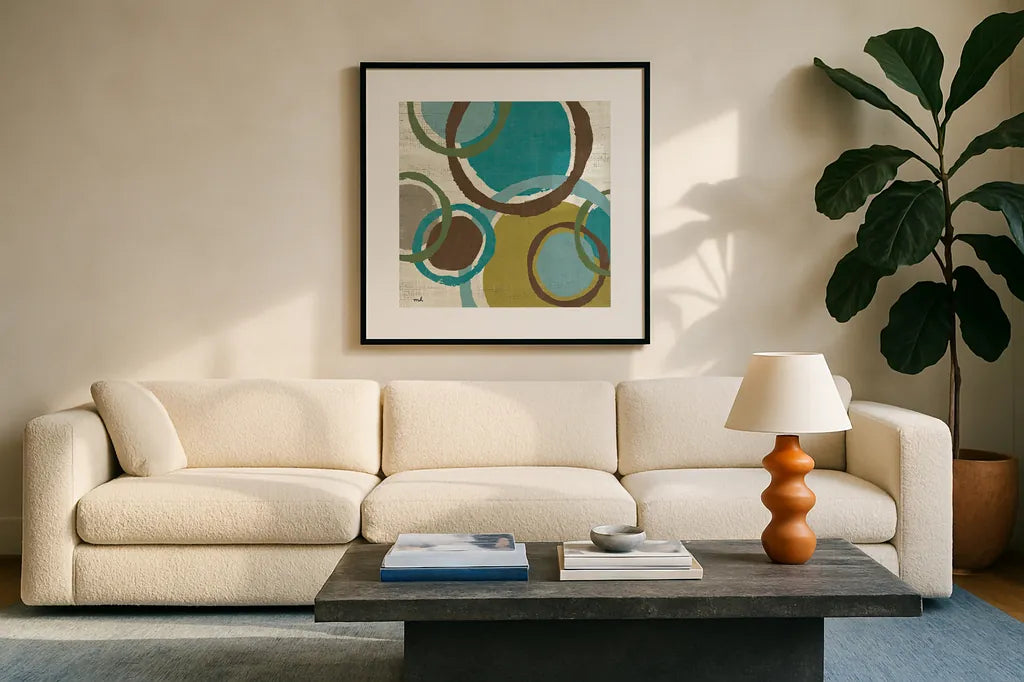 Vintage Bubbles I by Moira Hershey. Displayed in a glass frame with matte in a clean modern living room. Available as an archival giclee rolled canvas, fine art paper, or poster print. SKU 10283a.