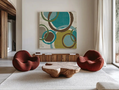Vintage Bubbles I by Moira Hershey. Shown as extra-large giant wall art in a modern living room. Available as an archival giclee rolled canvas, fine art paper, or poster print. SKU 10283a.