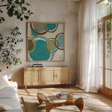 Vintage Bubbles II by Moira Hershey. Shown in a natural wood frame in a cozy modern living room. Available as an archival giclee rolled canvas, fine art paper, or poster print. SKU 10284a.