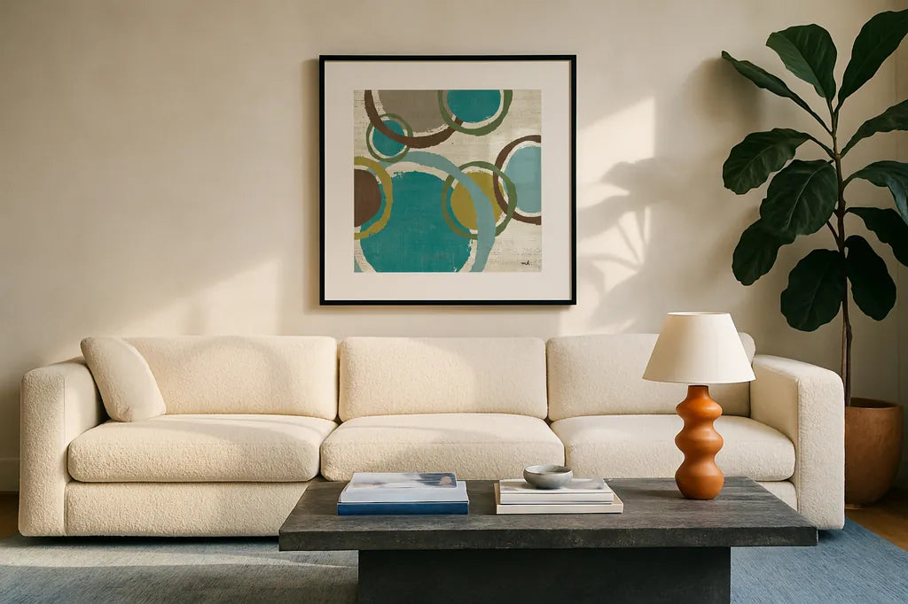 Vintage Bubbles II by Moira Hershey. Displayed in a glass frame with matte in a clean modern living room. Available as an archival giclee rolled canvas, fine art paper, or poster print. SKU 10284a.