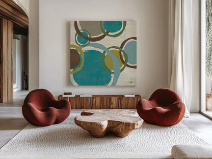 Vintage Bubbles II by Moira Hershey. Shown as extra-large giant wall art in a modern living room. Available as an archival giclee rolled canvas, fine art paper, or poster print. SKU 10284a.