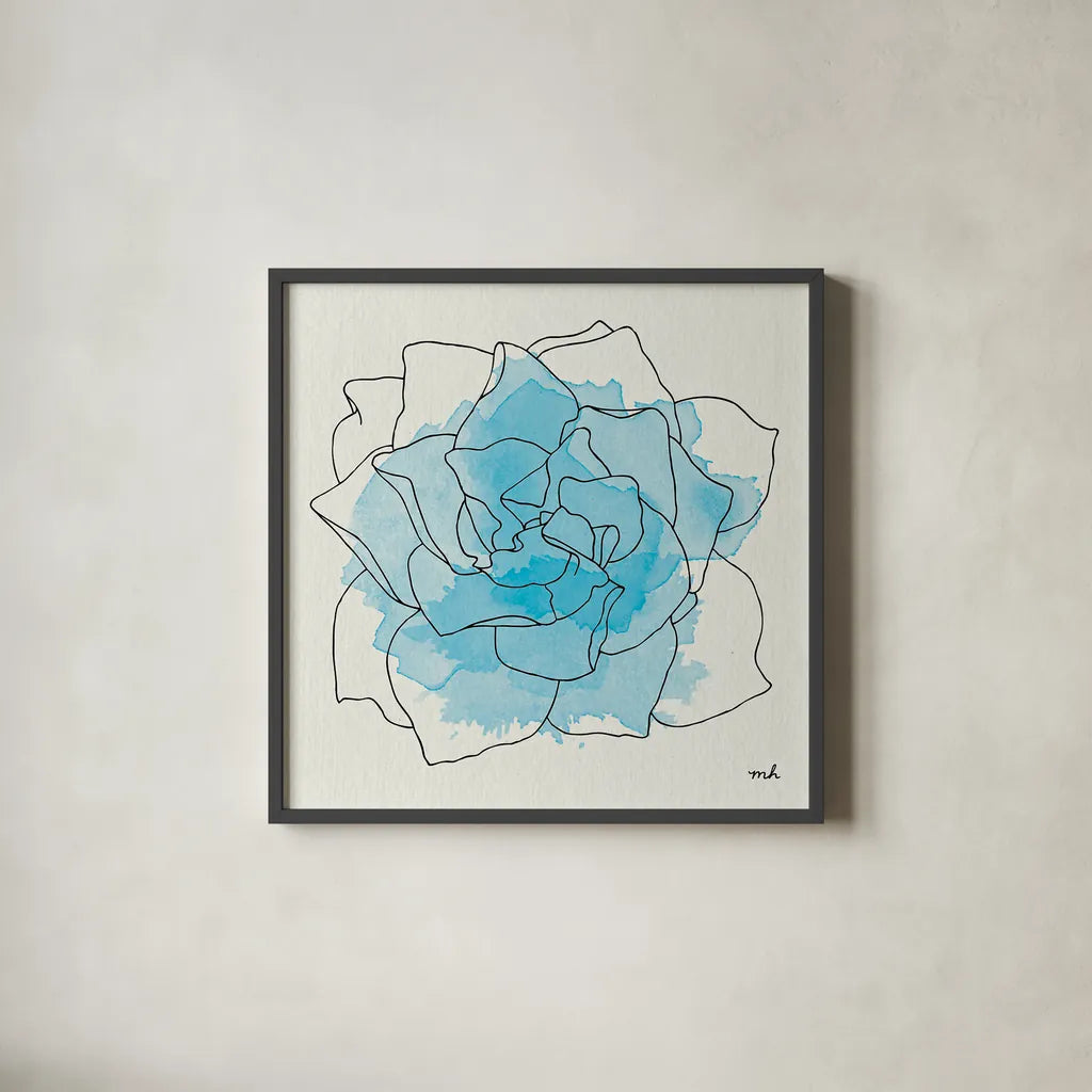 Watercolor Floral II by Moira Hershey. Shown in a sleek black glass frame for a contemporary gallery look. Available as an archival giclee rolled canvas, fine art paper, or poster print. SKU 12372a.