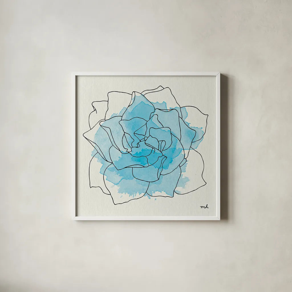 Watercolor Floral II by Moira Hershey. Shown in a crisp white glass frame for a clean and minimalist style. Available as an archival giclee rolled canvas, fine art paper, or poster print. SKU 12372a.
