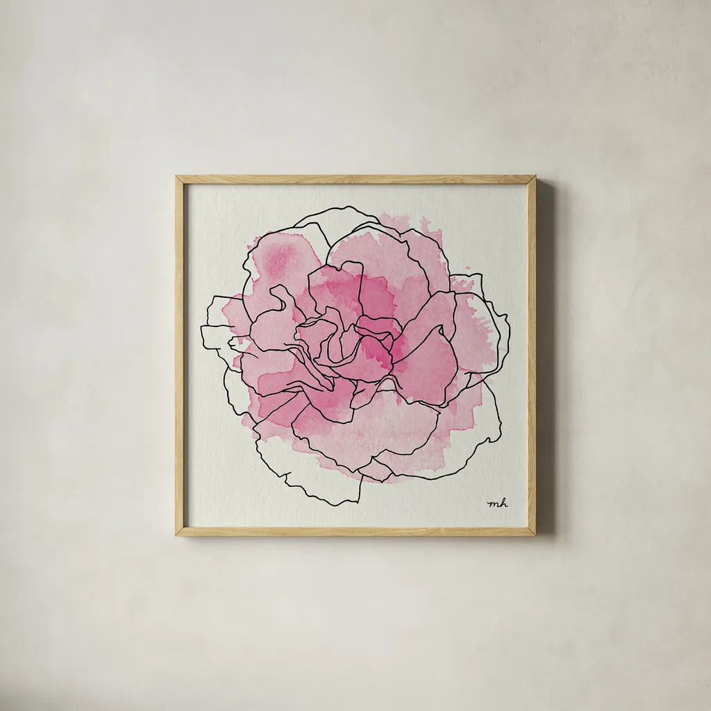 Watercolor Floral III by Moira Hershey. Shown in a natural wood glass frame for a timeless modern aesthetic. Available as an archival giclee rolled canvas, fine art paper, or poster print. SKU 12373a.