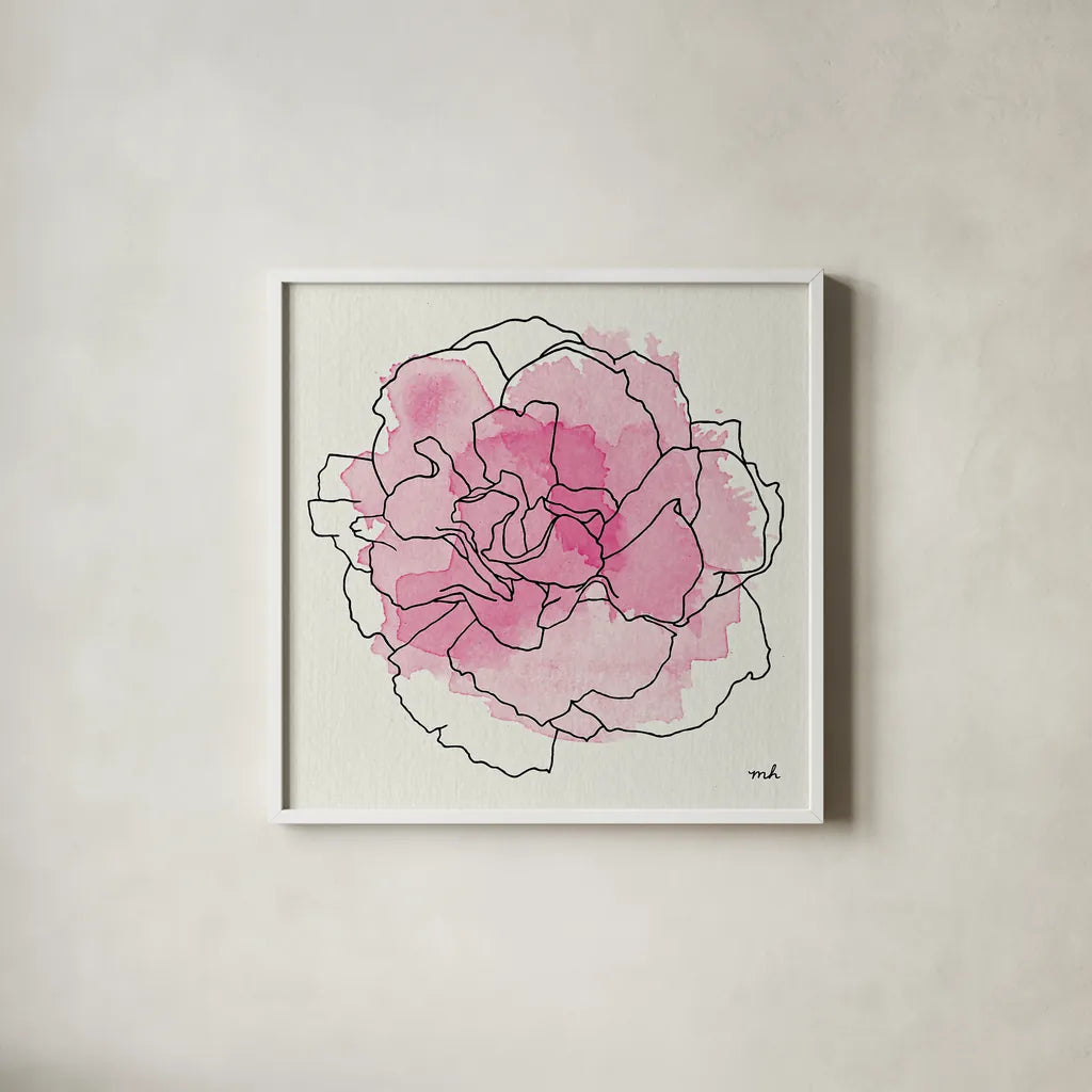 Watercolor Floral III by Moira Hershey. Shown in a crisp white glass frame for a clean and minimalist style. Available as an archival giclee rolled canvas, fine art paper, or poster print. SKU 12373a.
