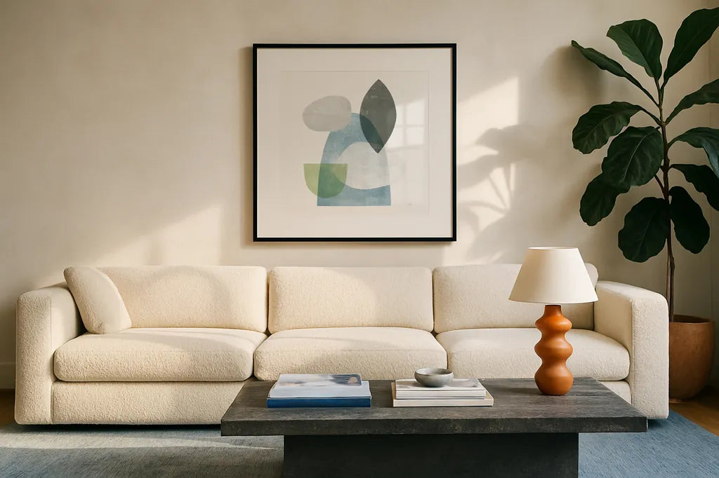 Whispers I Sq by Moira Hershey. Displayed in a glass frame with matte in a clean modern living room. Available as an archival giclee rolled canvas, fine art paper, or poster print. SKU 35949a.