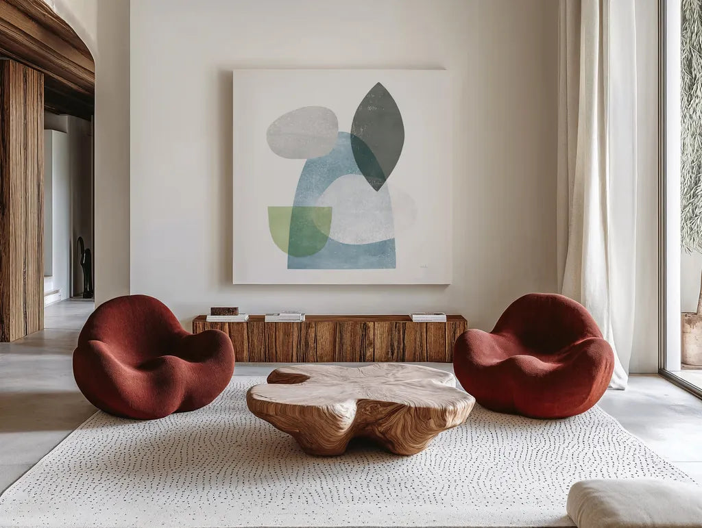 Whispers I Sq by Moira Hershey. Shown as extra-large giant wall art in a modern living room. Available as an archival giclee rolled canvas, fine art paper, or poster print. SKU 35949a.