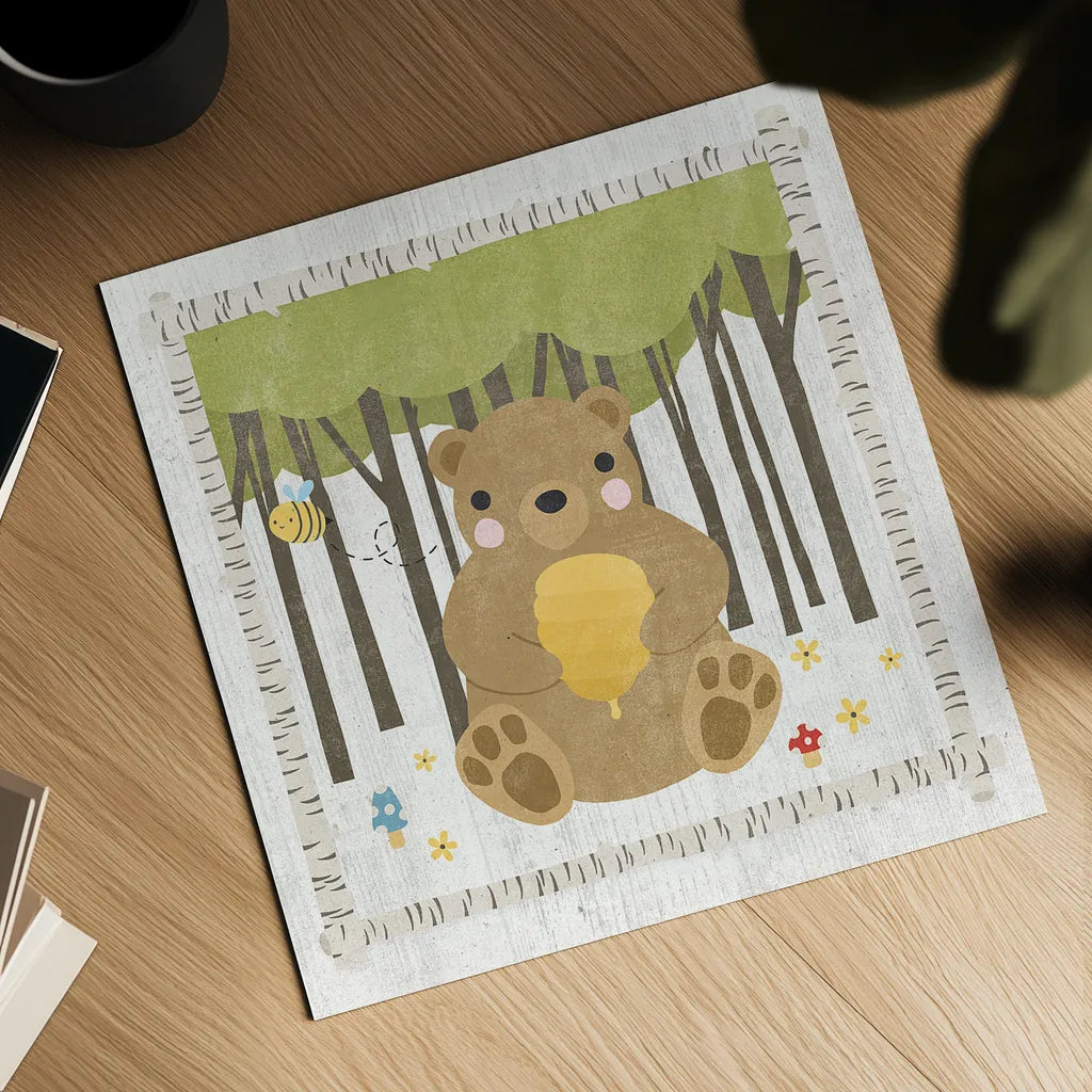 Woodland Hideaway Bear by Moira Hershey. Shown as a detailed flat fine art print, highlighting archival giclee quality. Available as an archival giclee rolled canvas, fine art paper, or poster print. SKU 25586a.