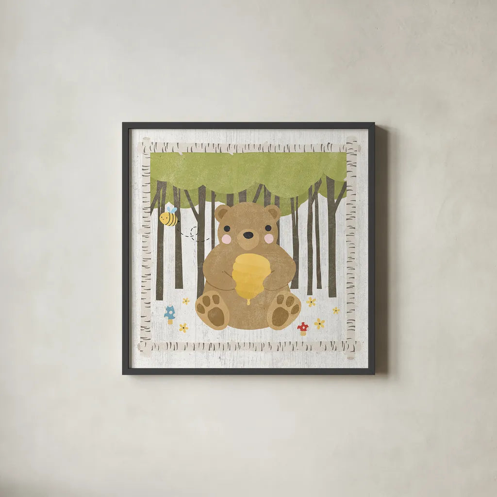 Woodland Hideaway Bear by Moira Hershey. Shown in a sleek black glass frame for a contemporary gallery look. Available as an archival giclee rolled canvas, fine art paper, or poster print. SKU 25586a.