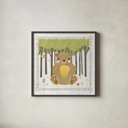 Woodland Hideaway Bear by Moira Hershey. Shown in a sleek black glass frame for a contemporary gallery look. Available as an archival giclee rolled canvas, fine art paper, or poster print. SKU 25586a.