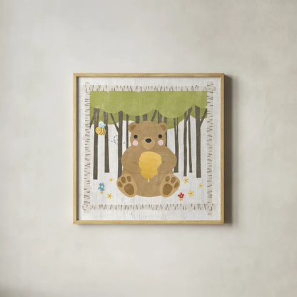 Woodland Hideaway Bear by Moira Hershey. Shown in a natural wood glass frame for a timeless modern aesthetic. Available as an archival giclee rolled canvas, fine art paper, or poster print. SKU 25586a.