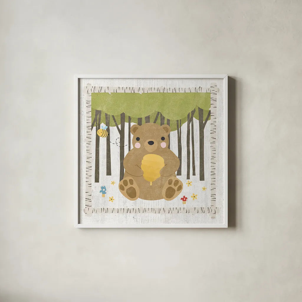 Woodland Hideaway Bear by Moira Hershey. Shown in a crisp white glass frame for a clean and minimalist style. Available as an archival giclee rolled canvas, fine art paper, or poster print. SKU 25586a.