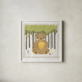 Woodland Hideaway Bear by Moira Hershey. Shown in a crisp white glass frame for a clean and minimalist style. Available as an archival giclee rolled canvas, fine art paper, or poster print. SKU 25586a.