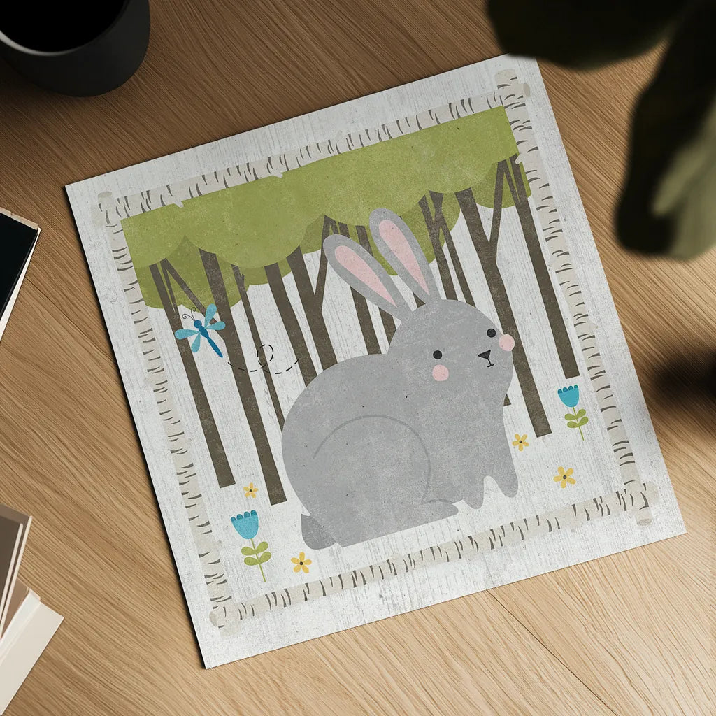 Woodland Hideaway Bunny by Moira Hershey. Shown as a detailed flat fine art print, highlighting archival giclee quality. Available as an archival giclee rolled canvas, fine art paper, or poster print. SKU 25587a.