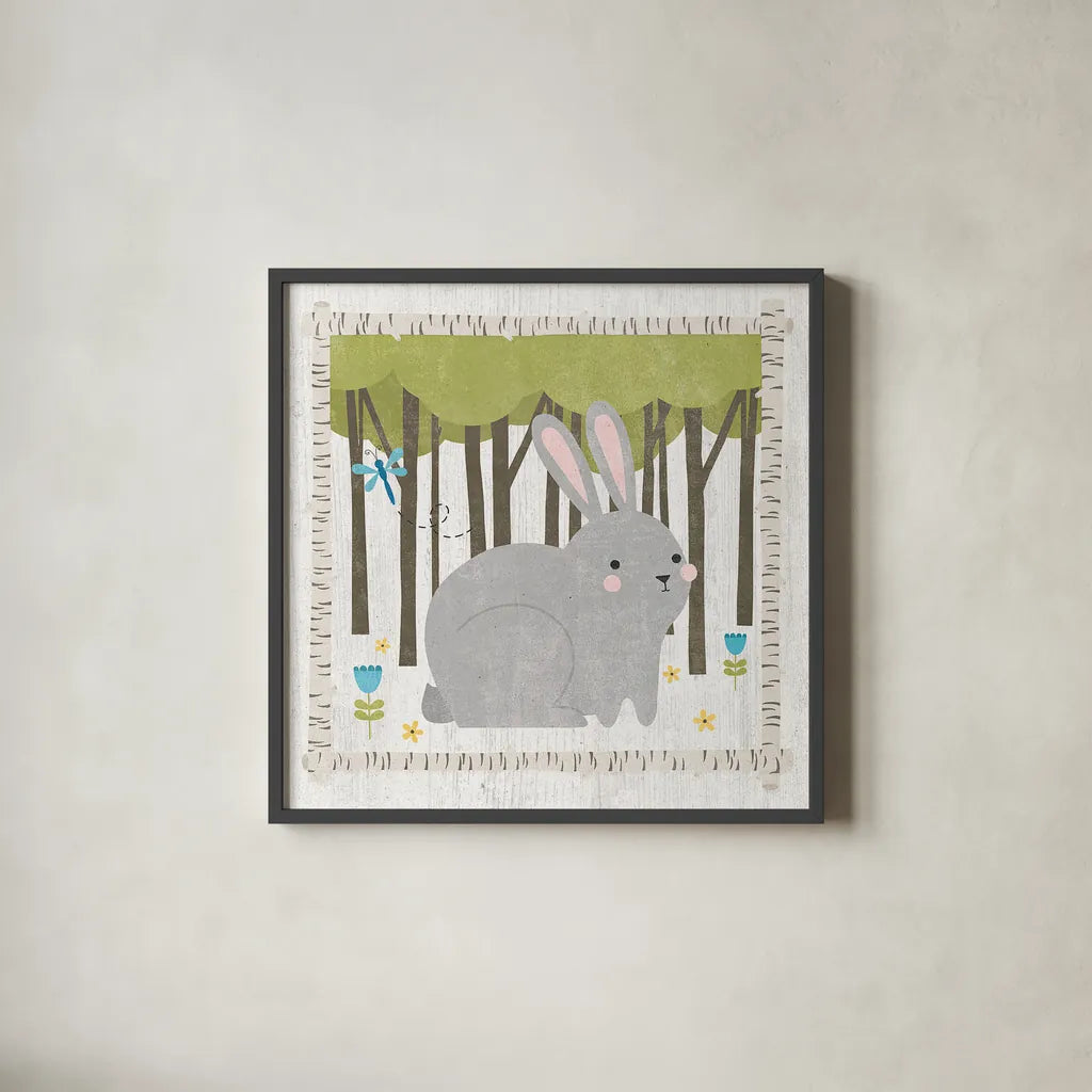 Woodland Hideaway Bunny by Moira Hershey. Shown in a sleek black glass frame for a contemporary gallery look. Available as an archival giclee rolled canvas, fine art paper, or poster print. SKU 25587a.