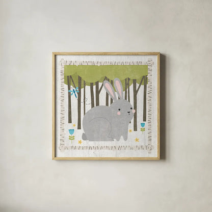 Woodland Hideaway Bunny by Moira Hershey. Shown in a natural wood glass frame for a timeless modern aesthetic. Available as an archival giclee rolled canvas, fine art paper, or poster print. SKU 25587a.