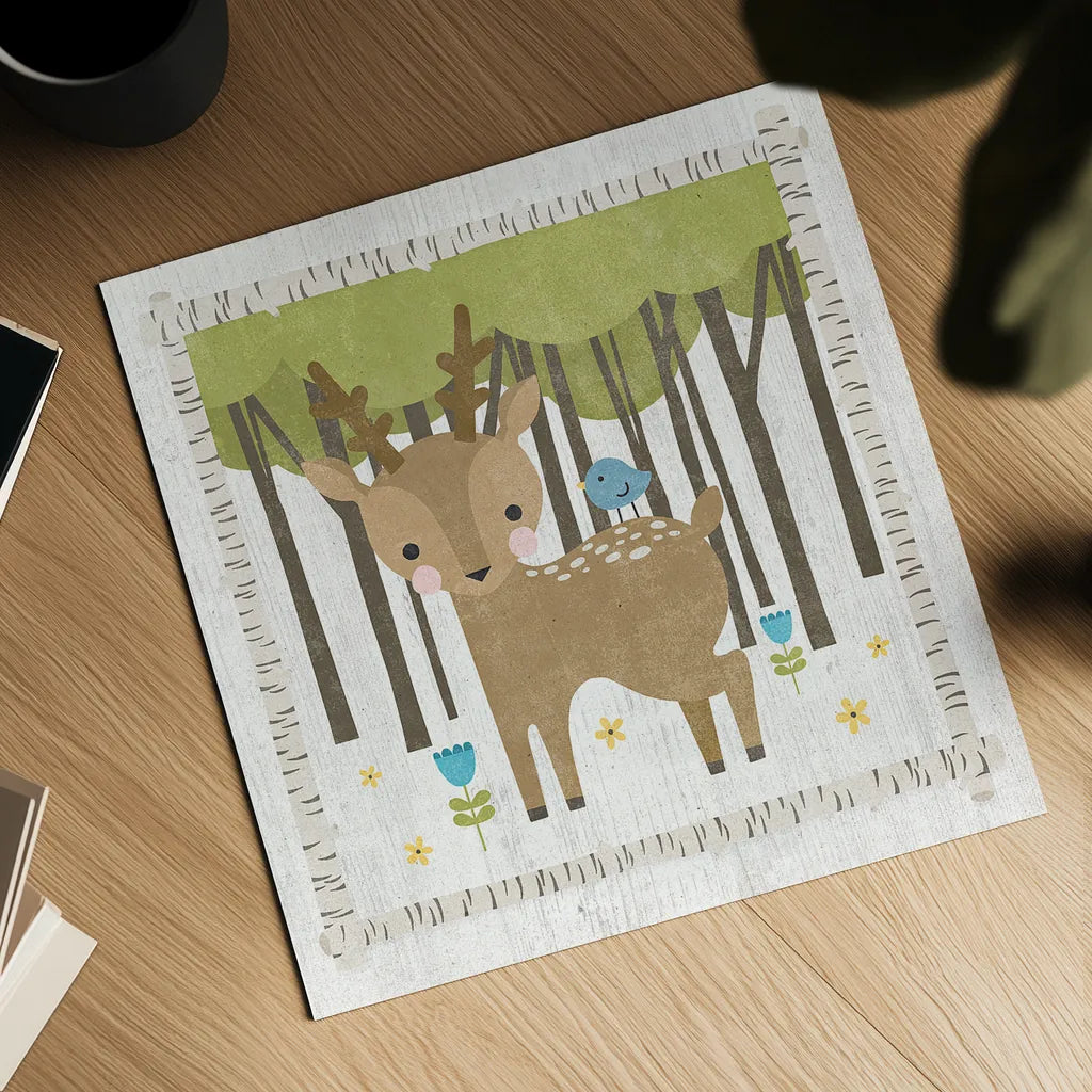 Woodland Hideaway Deer by Moira Hershey. Shown as a detailed flat fine art print, highlighting archival giclee quality. Available as an archival giclee rolled canvas, fine art paper, or poster print. SKU 25588a.