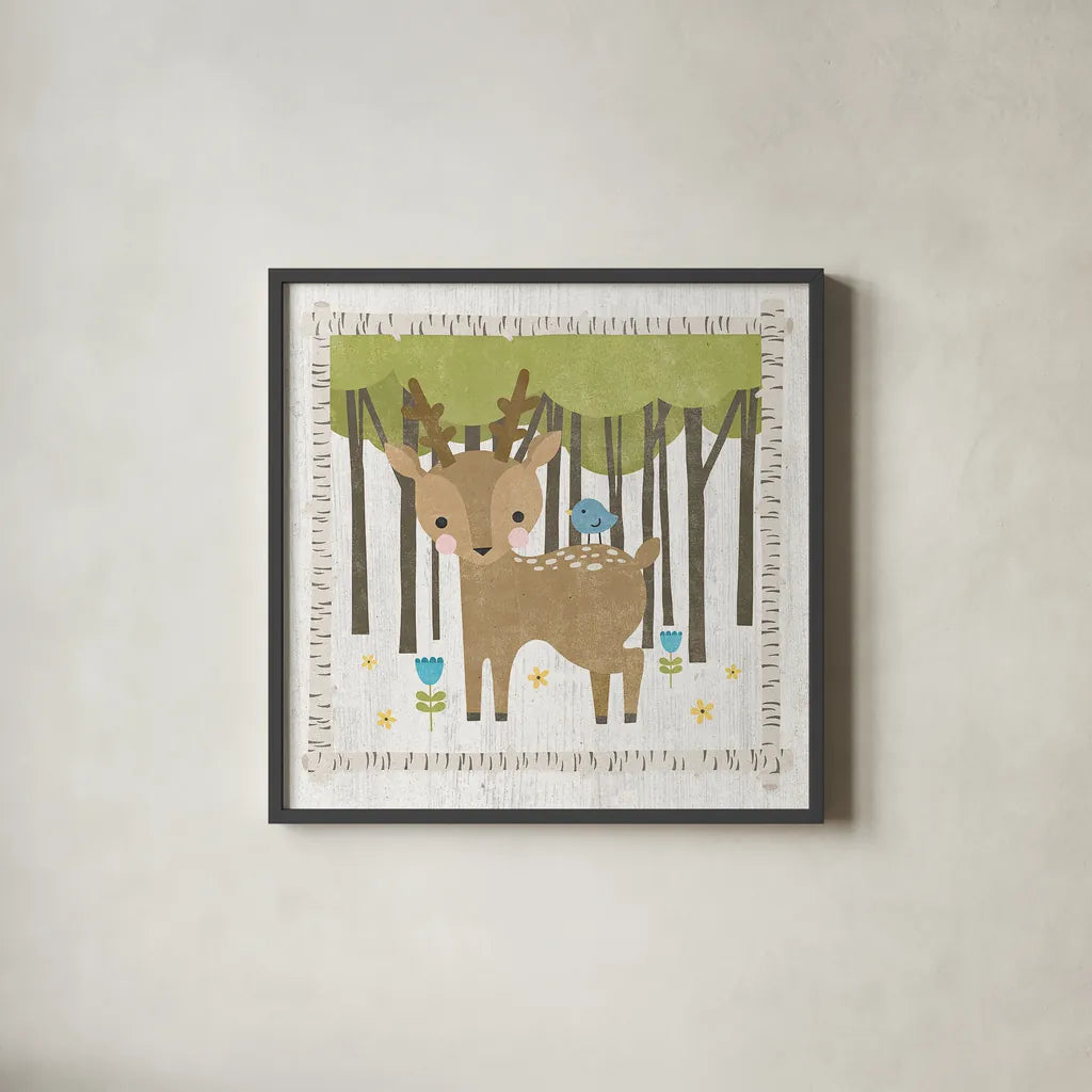 Woodland Hideaway Deer by Moira Hershey. Shown in a sleek black glass frame for a contemporary gallery look. Available as an archival giclee rolled canvas, fine art paper, or poster print. SKU 25588a.