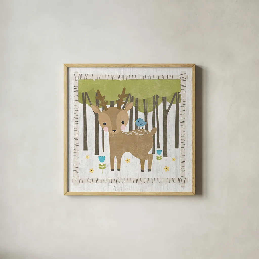 Woodland Hideaway Deer by Moira Hershey. Shown in a natural wood glass frame for a timeless modern aesthetic. Available as an archival giclee rolled canvas, fine art paper, or poster print. SKU 25588a.