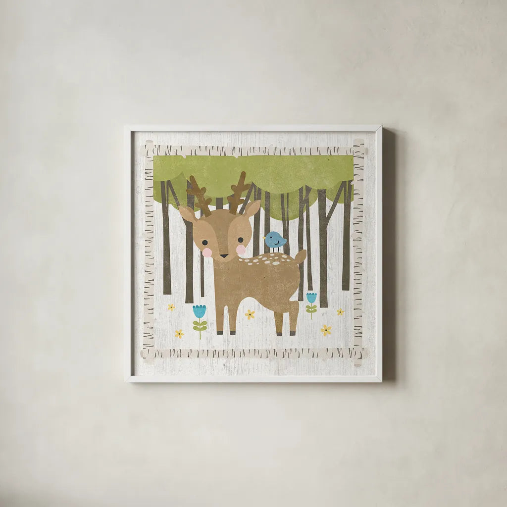 Woodland Hideaway Deer by Moira Hershey. Shown in a crisp white glass frame for a clean and minimalist style. Available as an archival giclee rolled canvas, fine art paper, or poster print. SKU 25588a.