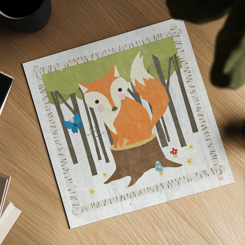 Woodland Hideaway Fox by Moira Hershey. Shown as a detailed flat fine art print, highlighting archival giclee quality. Available as an archival giclee rolled canvas, fine art paper, or poster print. SKU 25589a.