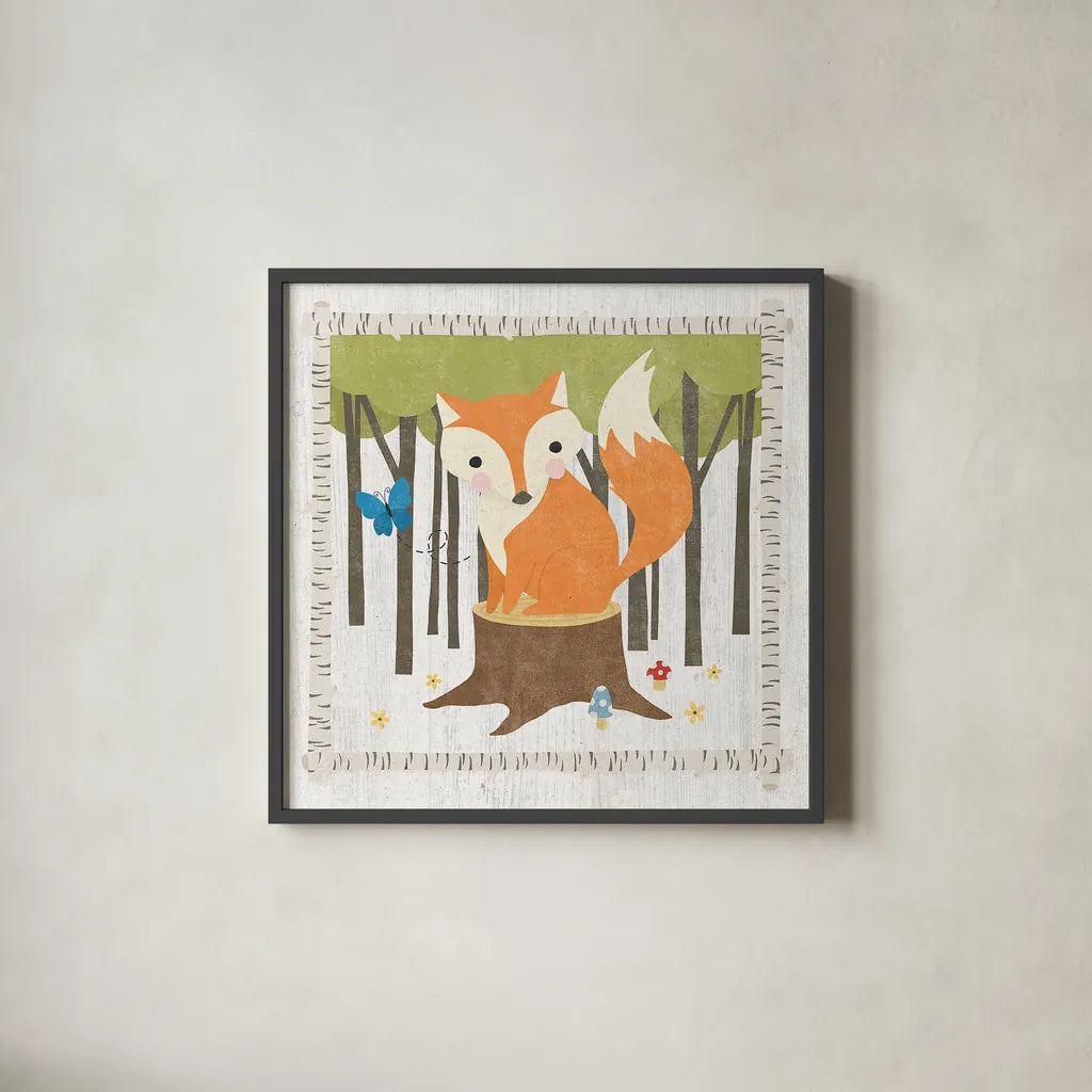 Woodland Hideaway Fox by Moira Hershey. Shown in a sleek black glass frame for a contemporary gallery look. Available as an archival giclee rolled canvas, fine art paper, or poster print. SKU 25589a.