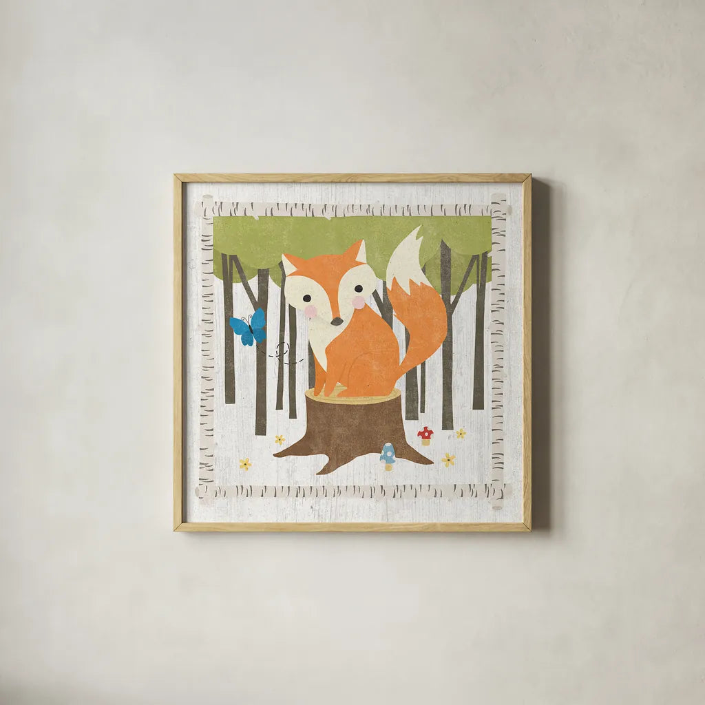 Woodland Hideaway Fox by Moira Hershey. Shown in a natural wood glass frame for a timeless modern aesthetic. Available as an archival giclee rolled canvas, fine art paper, or poster print. SKU 25589a.