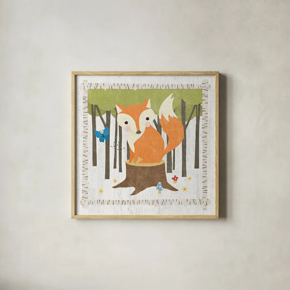 Woodland Hideaway Fox by Moira Hershey. Shown in a natural wood glass frame for a timeless modern aesthetic. Available as an archival giclee rolled canvas, fine art paper, or poster print. SKU 25589a.