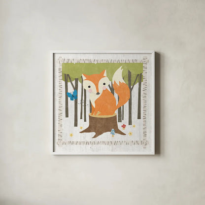 Woodland Hideaway Fox by Moira Hershey. Shown in a crisp white glass frame for a clean and minimalist style. Available as an archival giclee rolled canvas, fine art paper, or poster print. SKU 25589a.