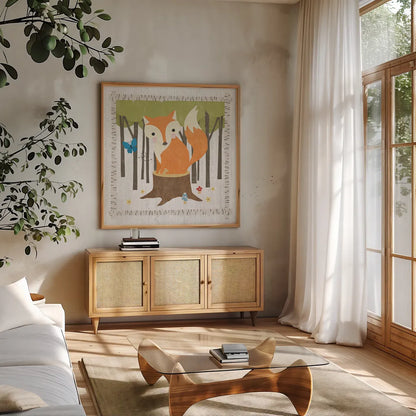 Woodland Hideaway Fox by Moira Hershey. Shown in a natural wood frame in a cozy modern living room. Available as an archival giclee rolled canvas, fine art paper, or poster print. SKU 25589a.
