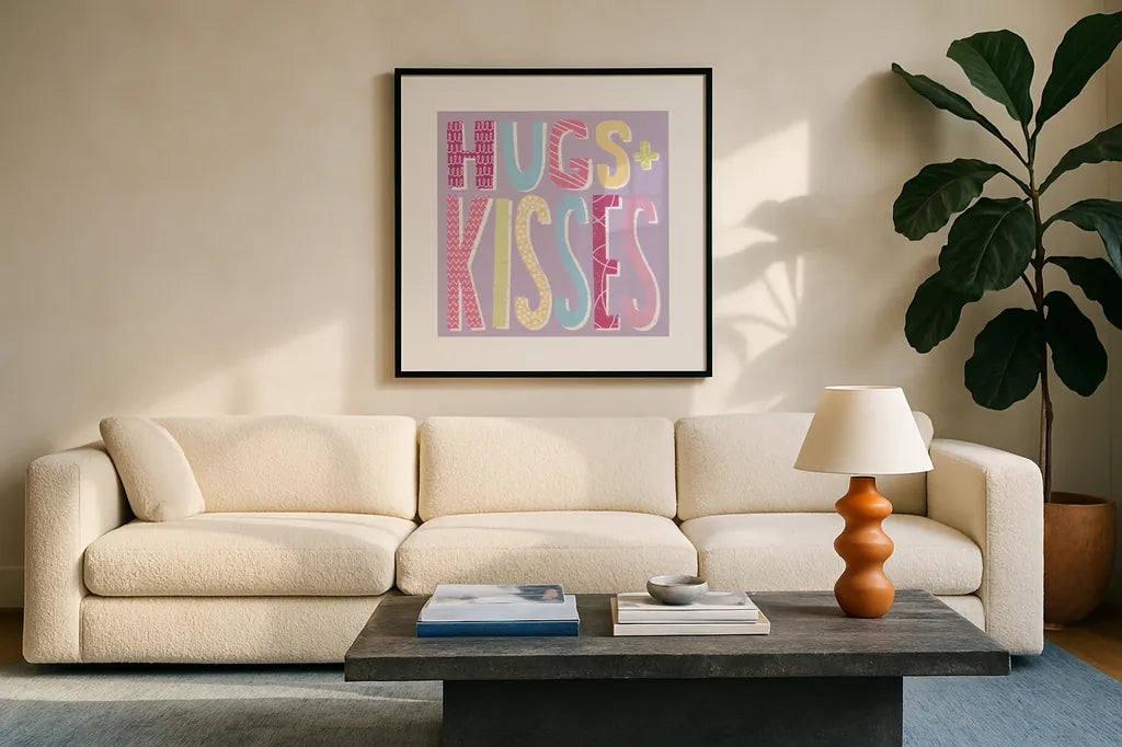 Words of Love I by Moira Hershey. Displayed in a glass frame with matte in a clean modern living room. Available as an archival giclee rolled canvas, fine art paper, or poster print. SKU 31356a.