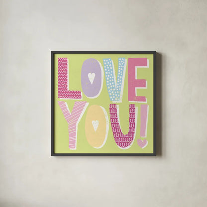 Words of Love II by Moira Hershey. Shown in a sleek black glass frame for a contemporary gallery look. Available as an archival giclee rolled canvas, fine art paper, or poster print. SKU 31357a.