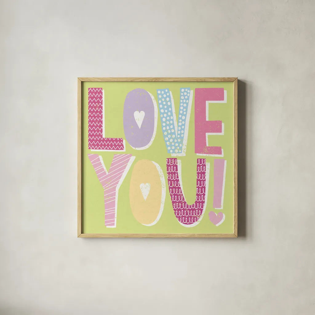 Words of Love II by Moira Hershey. Shown in a natural wood glass frame for a timeless modern aesthetic. Available as an archival giclee rolled canvas, fine art paper, or poster print. SKU 31357a.