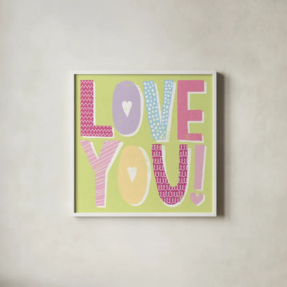 Words of Love II by Moira Hershey. Shown in a crisp white glass frame for a clean and minimalist style. Available as an archival giclee rolled canvas, fine art paper, or poster print. SKU 31357a.