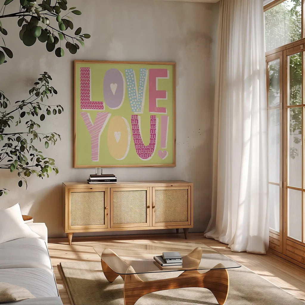 Words of Love II by Moira Hershey. Shown in a natural wood frame in a cozy modern living room. Available as an archival giclee rolled canvas, fine art paper, or poster print. SKU 31357a.