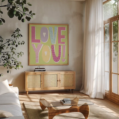 Words of Love II by Moira Hershey. Shown in a natural wood frame in a cozy modern living room. Available as an archival giclee rolled canvas, fine art paper, or poster print. SKU 31357a.