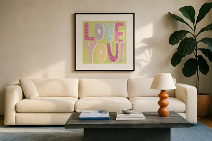 Words of Love II by Moira Hershey. Displayed in a glass frame with matte in a clean modern living room. Available as an archival giclee rolled canvas, fine art paper, or poster print. SKU 31357a.