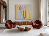 Words of Love III by Moira Hershey. Shown as extra-large giant wall art in a modern living room. Available as an archival giclee rolled canvas, fine art paper, or poster print. SKU 31358a.