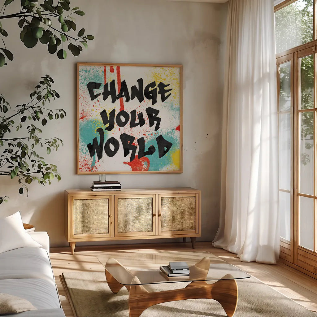 Writings on the Wall I by Moira Hershey. Shown in a natural wood frame in a cozy modern living room. Available as an archival giclee rolled canvas, fine art paper, or poster print. SKU 19327a.