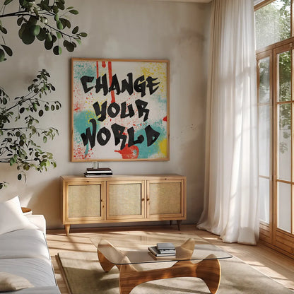 Writings on the Wall I by Moira Hershey. Shown in a natural wood frame in a cozy modern living room. Available as an archival giclee rolled canvas, fine art paper, or poster print. SKU 19327a.