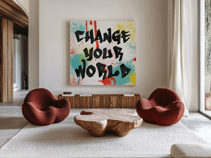 Writings on the Wall I by Moira Hershey. Shown as extra-large giant wall art in a modern living room. Available as an archival giclee rolled canvas, fine art paper, or poster print. SKU 19327a.