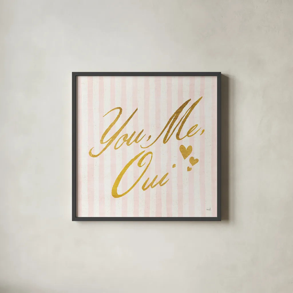You Me Oui by Moira Hershey. Shown in a sleek black glass frame for a contemporary gallery look. Available as an archival giclee rolled canvas, fine art paper, or poster print. SKU 26195a.