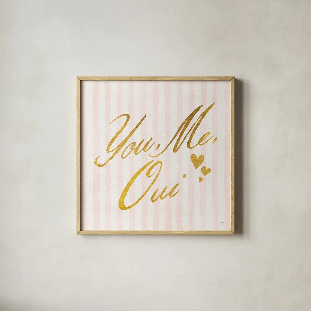 You Me Oui by Moira Hershey. Shown in a natural wood glass frame for a timeless modern aesthetic. Available as an archival giclee rolled canvas, fine art paper, or poster print. SKU 26195a.