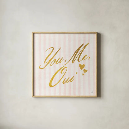 You Me Oui by Moira Hershey. Shown in a natural wood glass frame for a timeless modern aesthetic. Available as an archival giclee rolled canvas, fine art paper, or poster print. SKU 26195a.