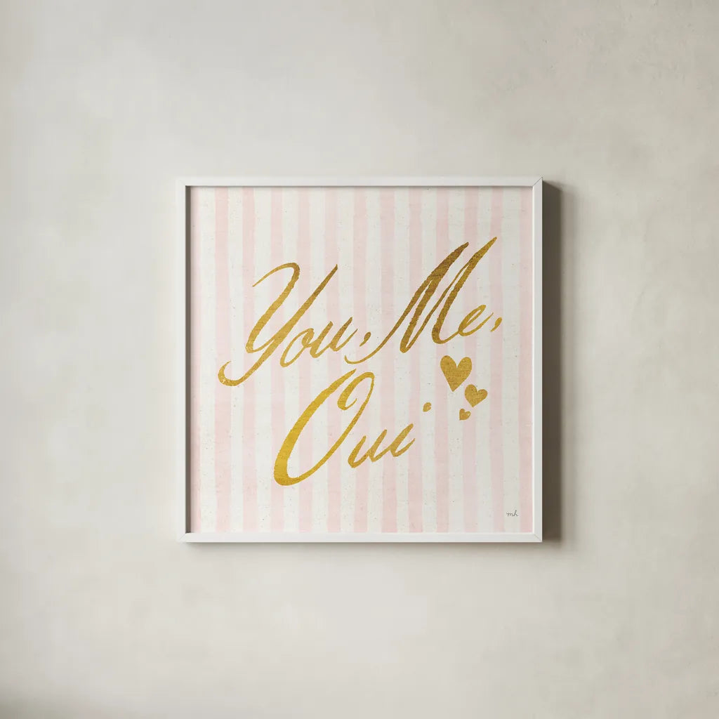 You Me Oui by Moira Hershey. Shown in a crisp white glass frame for a clean and minimalist style. Available as an archival giclee rolled canvas, fine art paper, or poster print. SKU 26195a.